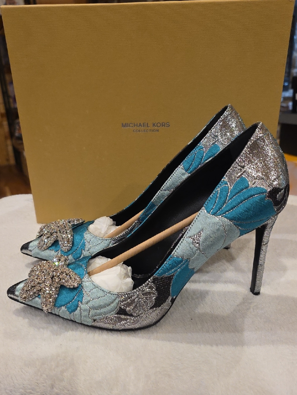 Michael Kors Teal and Silver Crystal-Embellished Pointed Pumps - Picture 2 of 14